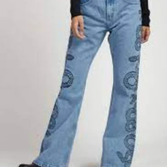COPY - Milk It Light Blue Recycled Flares Bell Wide Leg Snake Print Jeans Size …